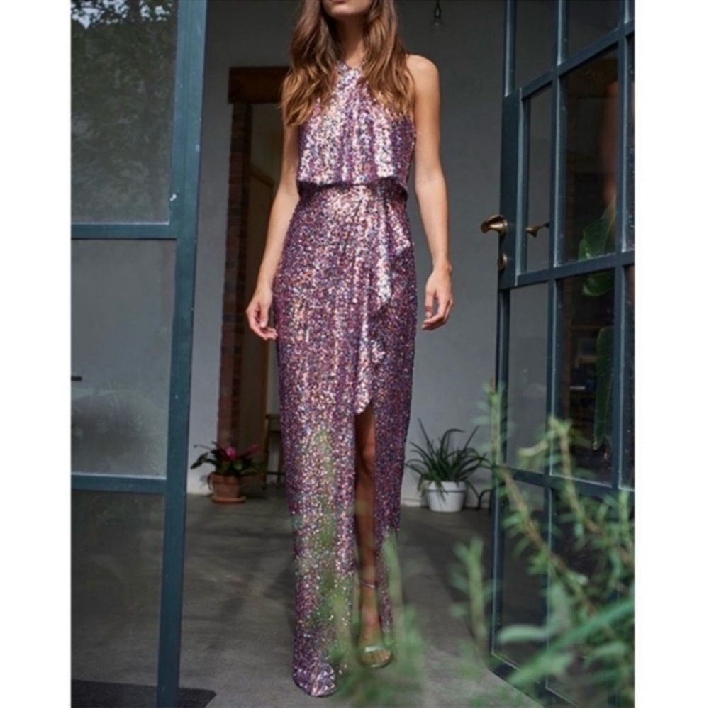 ML Monique Lhuillier Halter Neck Sequin Gown Ruffle Colorful Slit Size 8 NWT